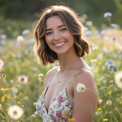 Beautiful smiling woman in nature in flowers.