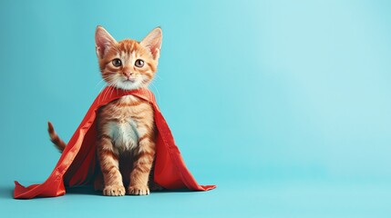 A cute orange tabby kitten wearing a red cape on a blue background.