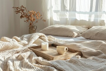 Poster - A tray with a cup of coffee placed on a bed, perfect for a cozy morning or relaxation