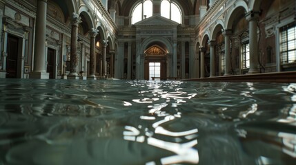 Poster - A large building with a pool of water inside
