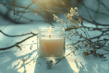 Poster - A single candle placed on a wooden table