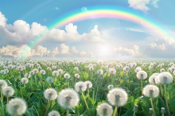 Poster - A scenic view of a field of dandelions with a vibrant rainbow in the background, suitable for use in nature and travel-themed projects