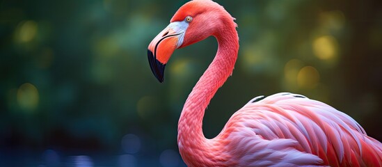 Wall Mural - Wildlife concept close up portrait of pink flamingo in the zoo Image contains copy space