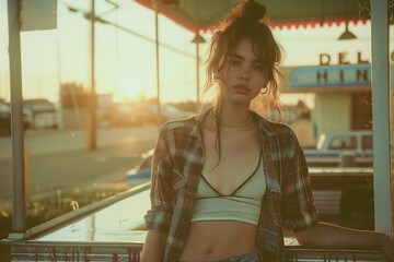 A teenager stands outside at sunset, wearing a flannel shirt over a crop top and denim shorts. Her messy bun and jewelry add to her relaxed, 90s-inspired fashion