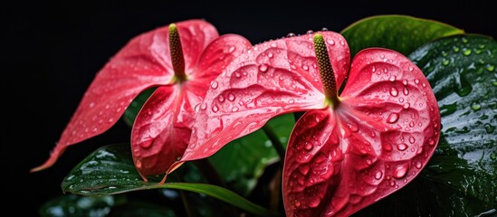 Wall Mural - close up of Anthurium hookeri that is wet from the rain. Creative banner. Copyspace image