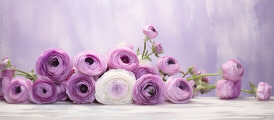 Wall Mural - Purple ranunculus bouquet on white plaid background blurred. Creative banner. Copyspace image