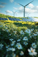 Poster - A sunny day scene with a field of colorful flowers and a solar panel installation in the background, suitable for environmental or technology themed projects