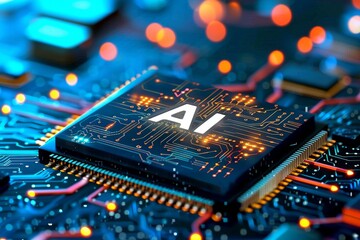 Close up of a glowing AI microchip on a circuit board, representing the advanced technology and intricate design of artificial intelligence hardware.