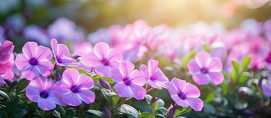 Fototapete - Beautiful colorful vinca flower blooming in the garden. Creative banner. Copyspace image