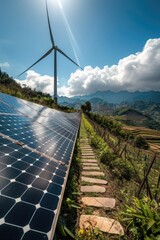 Poster - A solar panel mounted on a roof or ground, accompanied by a wind turbine in the background, for renewable energy generation
