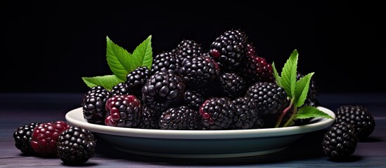 Wall Mural - Blackberry in a ceramic plate Dark background Sweet berry. Creative banner. Copyspace image