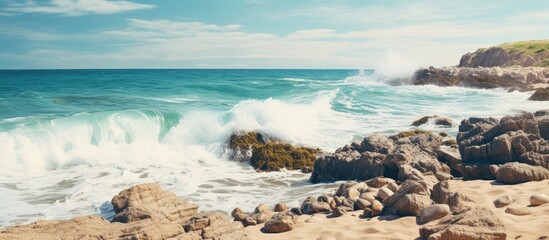 Poster - Rocky beach you can see the sea and foaming waves nearby. Creative banner. Copyspace image