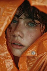 Poster - Close-up portrait of a person wearing an orange jacket, focused on the garment and accessories