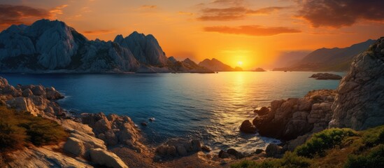 Poster - evening view of the beautiful mountain in the sea with rocks in the foreground. Creative banner. Copyspace image