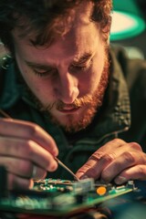 Poster - A person repairs or maintains electronic equipment on a circuit board