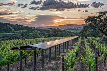 Wall Mural - This image captures a serene vineyard during sunset, with rows of lush green vines and a solar panel structure running parallel to the rows. The sky is painted with warm hues of orange and blue.