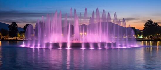Poster - The colorful of fountain on the lake at night. Creative banner. Copyspace image