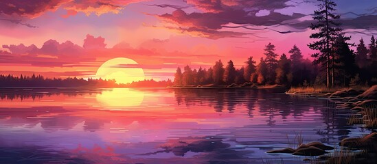 Aufkleber - Sunset clouds lake water river purple pink yellow blue magenta shadows love color. Creative banner. Copyspace image