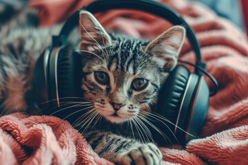 Wall Mural - A curious cat relaxing on a soft blanket while listening to music with its headphones