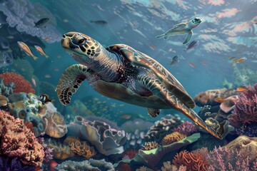 Poster - A turtle swimming in the open ocean, with sunlight reflecting off the water
