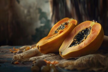 Aufkleber - Fresh papaya halves displayed on a clean table, ready for use or display