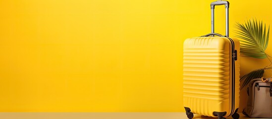 Canvas Print - yellow holiday vacation suitcase and beach accessories on a yellow background. Creative banner. Copyspace image