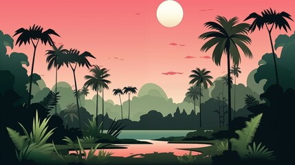 Wall Mural - Tropical Jungle at Sunset with Palm Trees and Serene Lake