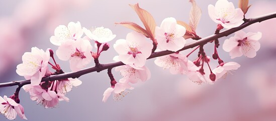 Fototapete - Blooming pink flowers on a tree. Creative banner. Copyspace image