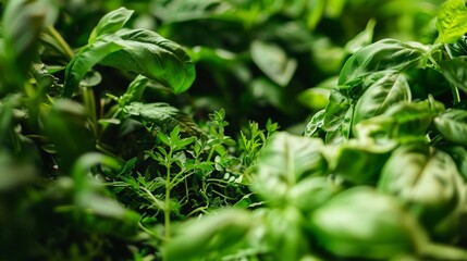 Naklejka na meble Market fresh herbs, close-up view, no humans, lush greens and fine details. 