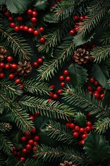 Poster - A detailed view of a Christmas tree decorated with red berries and pine cones