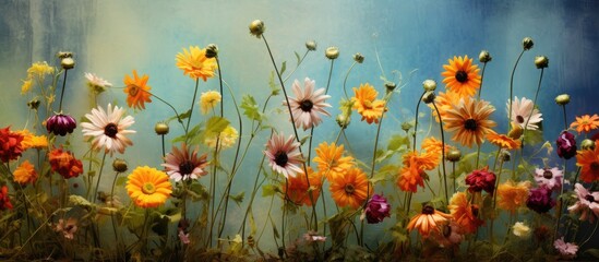 Aufkleber - standing by the flowers colourful and textured flowers. Creative banner. Copyspace image
