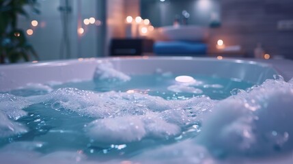Poster - A person enjoying a relaxing soak in a hot tub with water and bubbles, suitable for use as a background image or illustration
