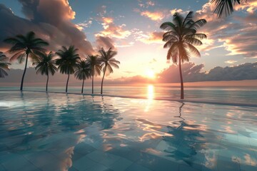 Poster - A serene scene of a pool with palm trees and a beautiful sunset in the background, suitable for use in travel or lifestyle photography