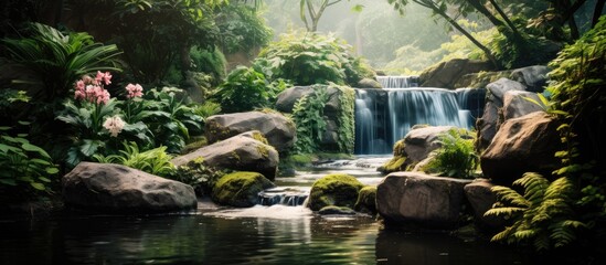 Aufkleber - Garden in full bloom with rocks and a small waterfall in background. Creative banner. Copyspace image