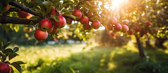 Poster - Apple tree in orchard with red apples Blurred apples on background Sun light. Creative banner. Copyspace image