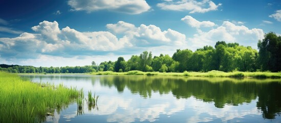 Wall Mural - Beautiful summer landscape with a pond. Creative banner. Copyspace image