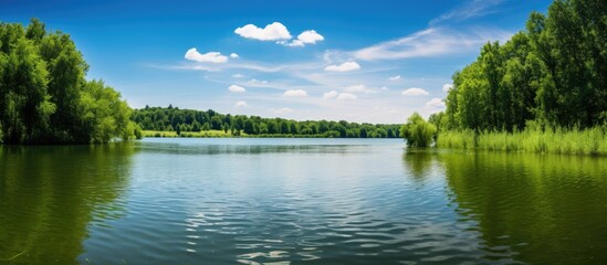 Wall Mural - A beautiful lake in the middle of deep green forest. Creative banner. Copyspace image