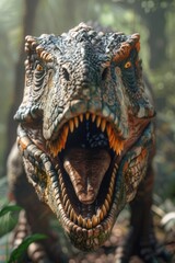 Poster - Close-up shot of a dinosaur's face with its mouth open, suitable for prehistoric-themed illustrations and educational materials