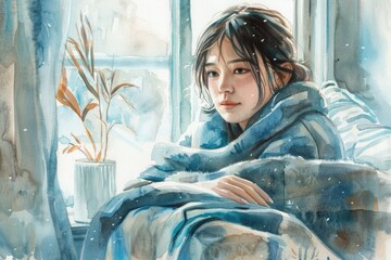 Poster - A woman is wrapped in a blanket, possibly seeking warmth or comfort
