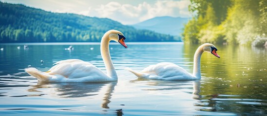 Poster - White swans on a colorful lake. Creative banner. Copyspace image