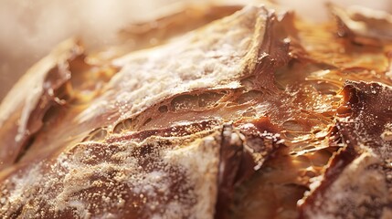 Canvas Print - Detailed shot of a loaf of artisan bread, crusty texture and flour dusting, soft light, detailed and rustic. 