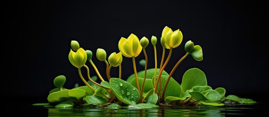 Poster - Nymphoides indica Small lotus in lotus leaves round shape thick green in color yellow flowers Is a small water tumbler The trunk is a bouquet of flowers with petals Full bloom. Creative banner