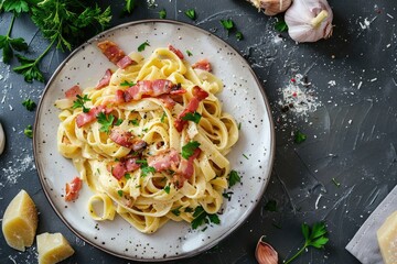 Wall Mural - A plate of pasta served with crispy bacon and fresh parsley, ideal for food photography or recipe illustrations