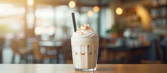 Wall Mural - Vanilla ice cream milkshake drink in cafe. Creative banner. Copyspace image