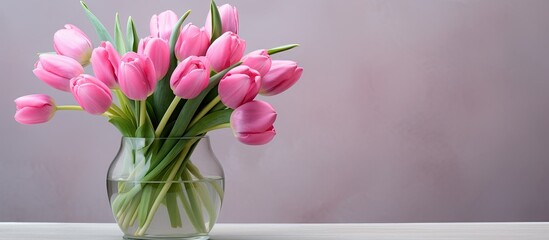 Poster - Large bouquet of pink tulips in a crystal vase. Creative banner. Copyspace image