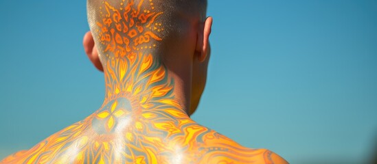 Wall Mural - Sun painted with sunscreen on back of man closeup. Creative banner. Copyspace image