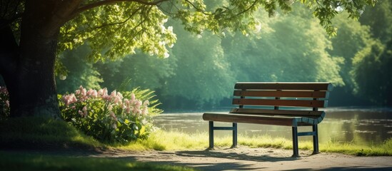 Wall Mural - lonely wooden brown bench in the park. creative banner. copyspace image