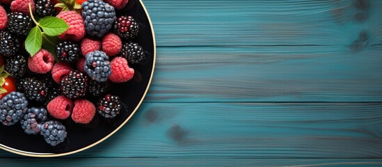 Poster - Plate with blackberries and blueberries on blue wooden background Top view. Creative banner. Copyspace image