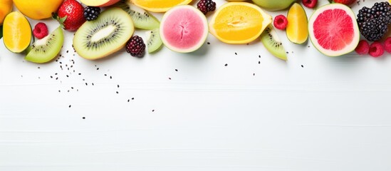 Aufkleber - Creative layout made of dragonfruit melon watermelon cherry kiwi strawberry mango on the watercolor background Flat lay Food concept. Creative banner. Copyspace image