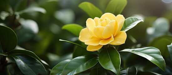 Poster - Beautiful yellow flower of Gardenia Sootepensis or in common Golden Gardenia with green leaves in natural atmosphere. Creative banner. Copyspace image
